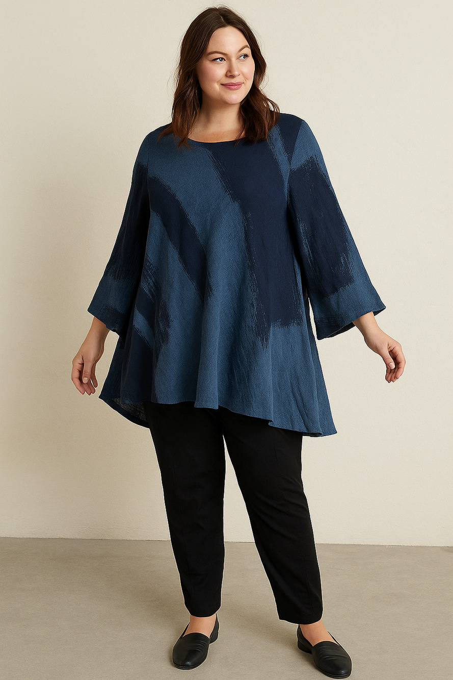 Ralston Blue black Artsy Lagenlook Statement gauze Linen Dress Tunic top Sz-L